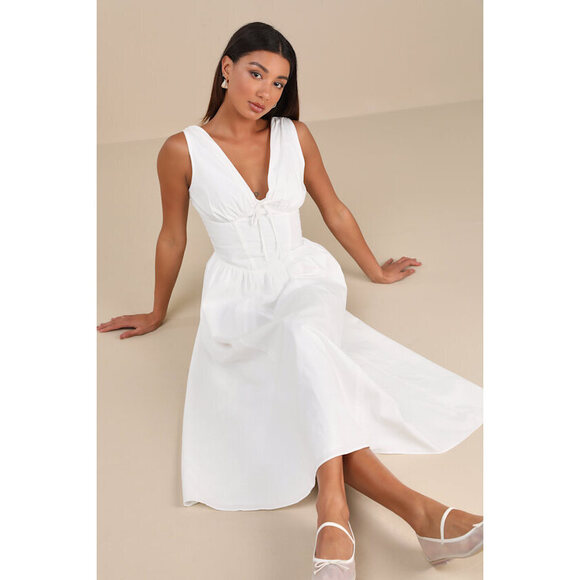 Lulus Dresses & Skirts - Lulus Lettie White Poplin Plunge Neck Midi Dress - Size S